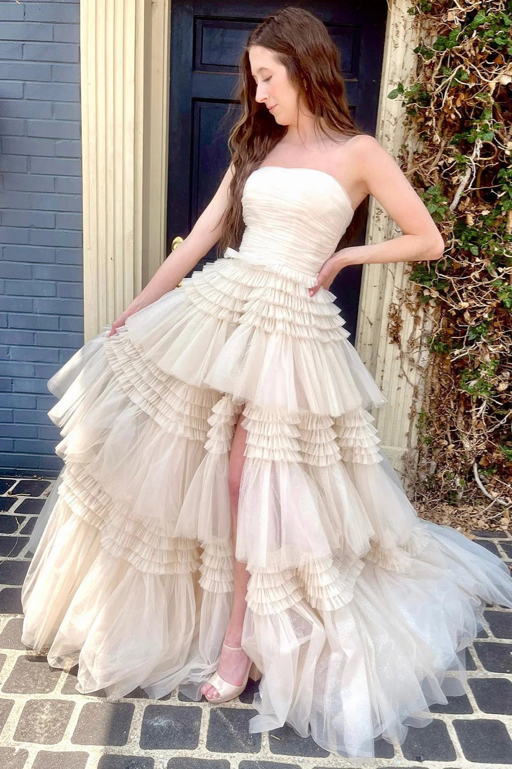 Trendy A Line Strapless Apricot Long Prom Dress with Ruffles