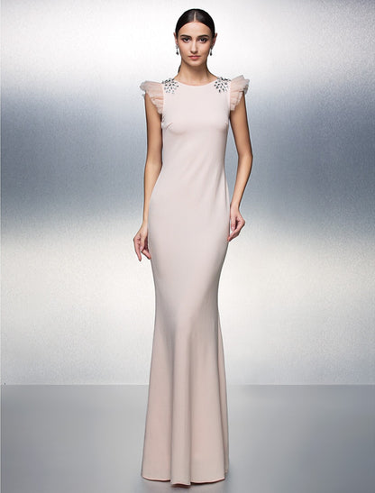 Jewel Neck Floor Length Jersey Formal Evening Dress with Crystals