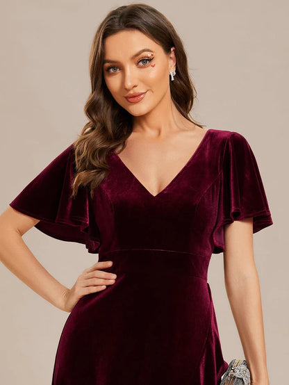 Double V-Neck Sleeves Stretchy Velvet Evening Dress with Lotus Leaf Hem