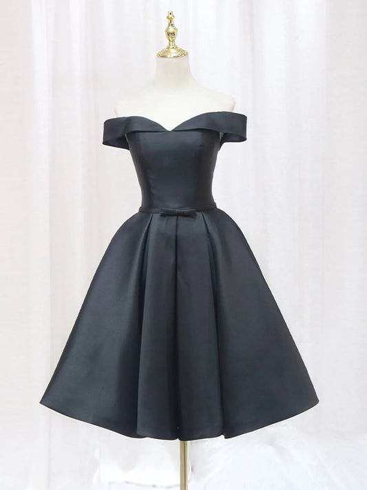 Buyishang Black Off Shoulder Satin Short Prom Dress Black Homecoming Dress