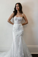 Buyishang Mermaid Spaghetti Straps White Tulle Wedding Dresses with Appliques