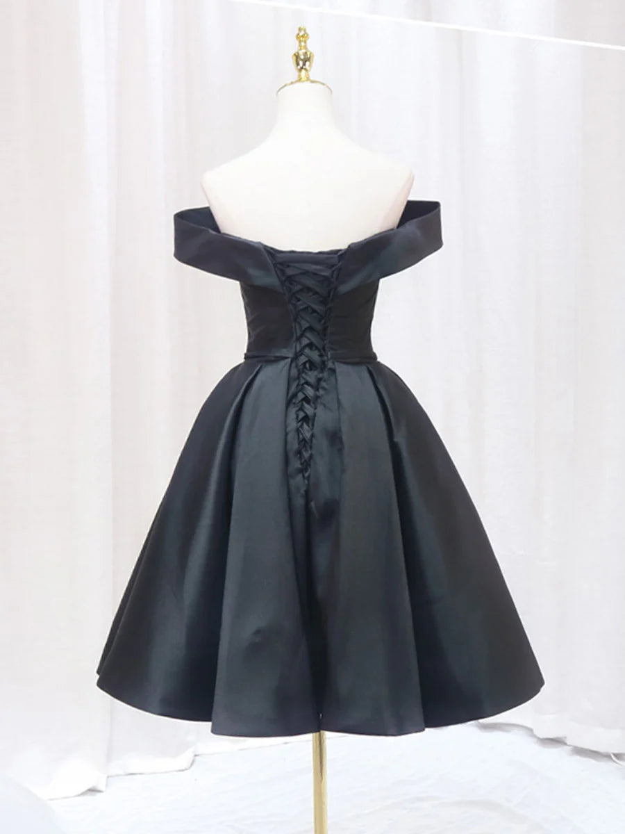 Buyishang Black Off Shoulder Satin Short Prom Dress Black Homecoming Dress