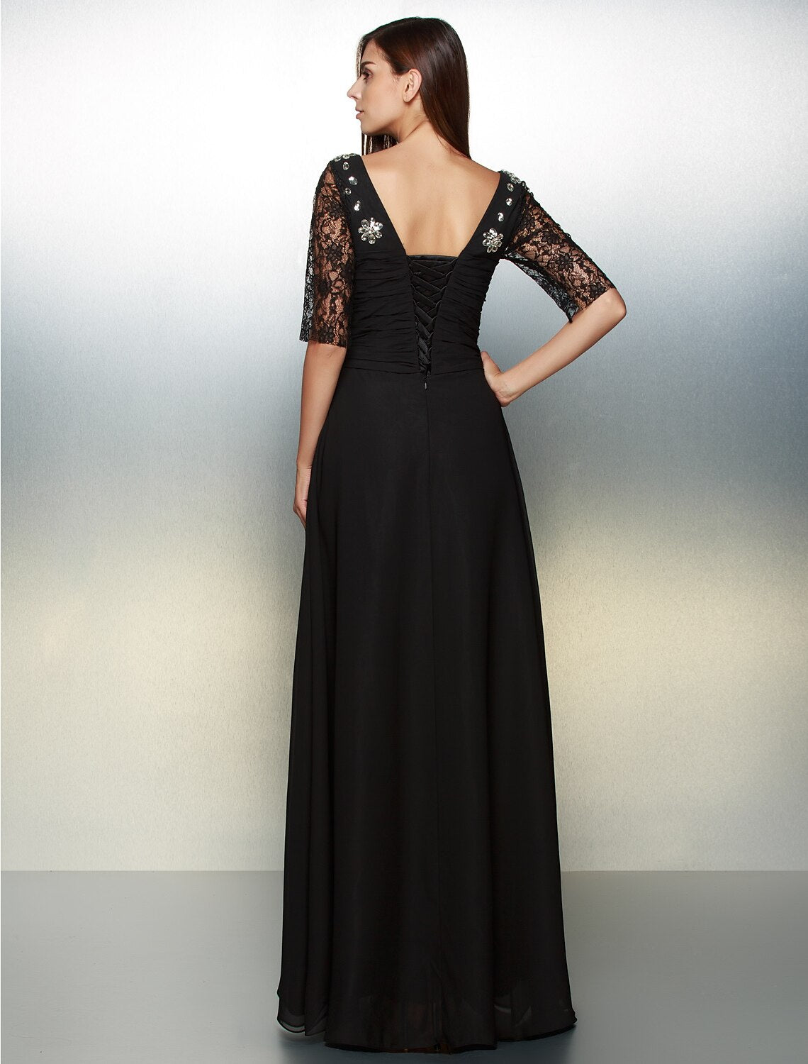 A-Line Dress Formal Evening Floor Length Half Sleeve Scoop Neck Chiffon with Lace