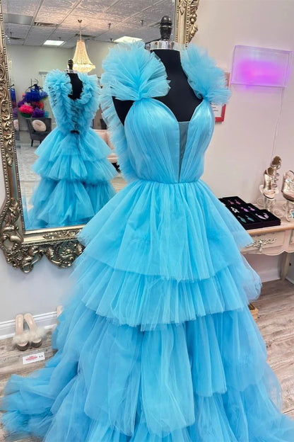 Gorgeous A Line V Neck Blue Long Prom Dress with Ruffles