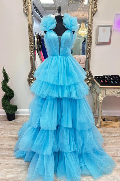 Gorgeous A Line V Neck Blue Long Prom Dress with Ruffles