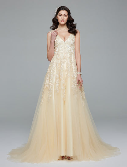 A-Line Plunging Neck Sweep / Brush Train Lace / Tulle Custom Wedding Dresses