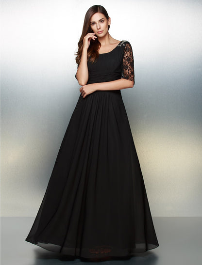 A-Line Dress Formal Evening Floor Length Half Sleeve Scoop Neck Chiffon with Lace