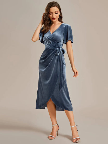 One-Piece Type Short Sleeves V-Neck Velvet Midi Wedding Guest Dress/Prom Dresses