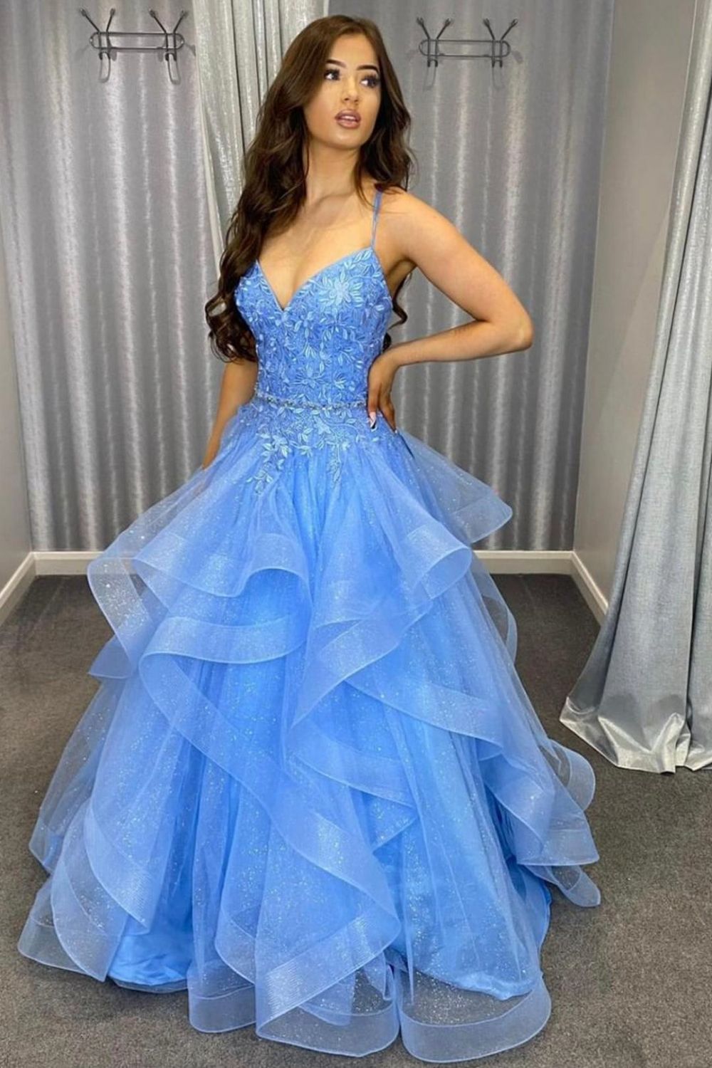 Princess A Line Spaghetti Straps Blue Long Prom Dress with Appliques