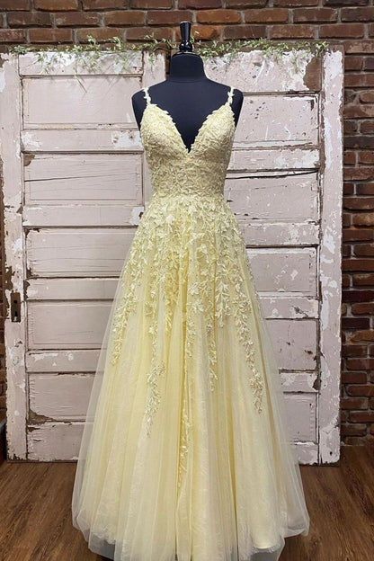 Charming A Line Spaghetti Straps Yellow Long Prom Dress with Appliques