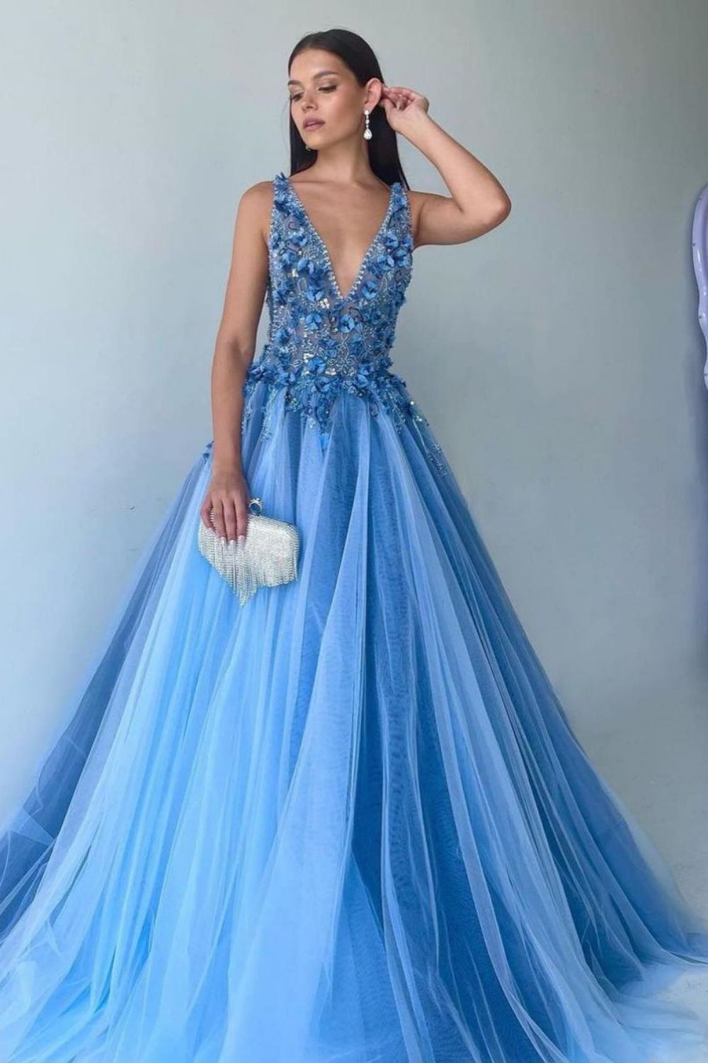 Gorgeous A Line Deep V Neck Blue Long Prom Dress with Appliques