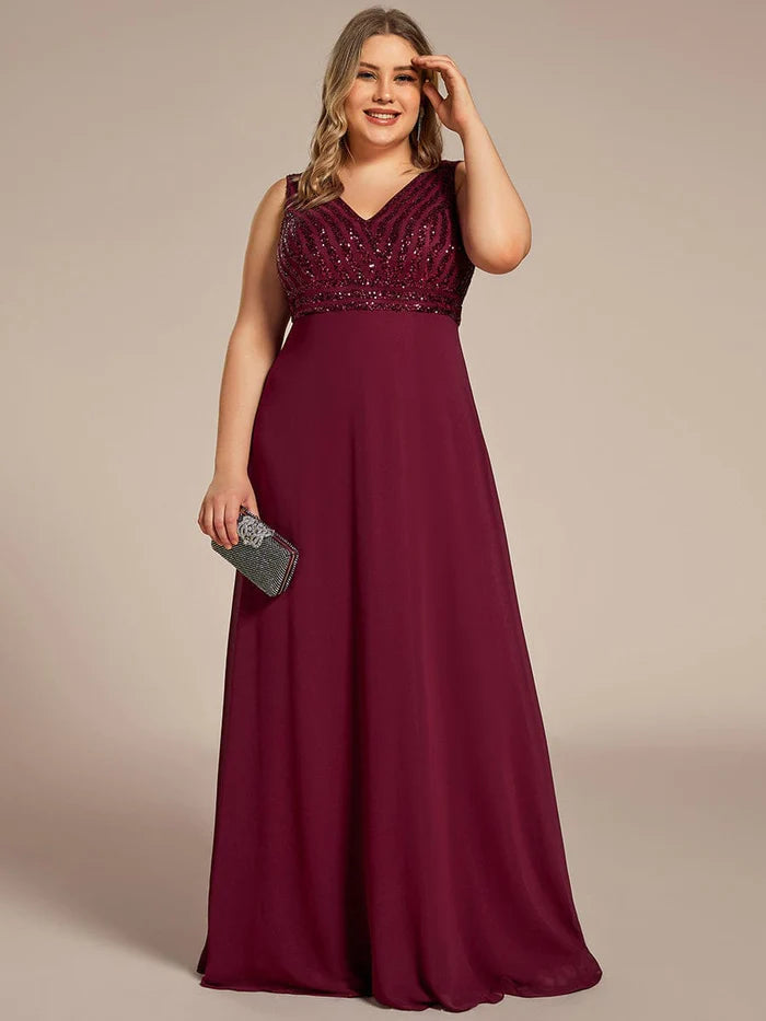 Plus Size Sequin Sleeveless Double V-Neck Formal Evening Dress/Prom Dresses