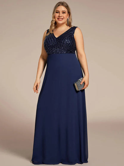 Plus Size Sequin Sleeveless Double V-Neck Formal Evening Dress/Prom Dresses