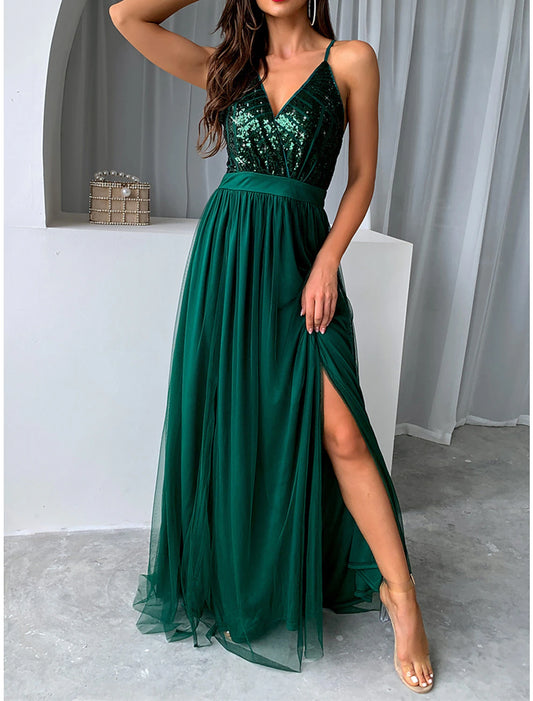 Women's Sequin Dress Party Dress Cocktail Dress Long Dress Maxi Dress Champagne Wine Green Sleeveless Plain Sequins Spring Fall Winter Spaghetti Strap Party Winter Dress Wedding Guest Birthday