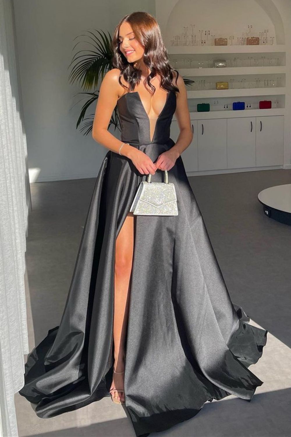 Stylish A Line Deep V Neck Black Long Prom Dress with Split Front