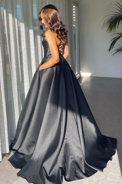 Stylish A Line Deep V Neck Black Long Prom Dress with Split Front