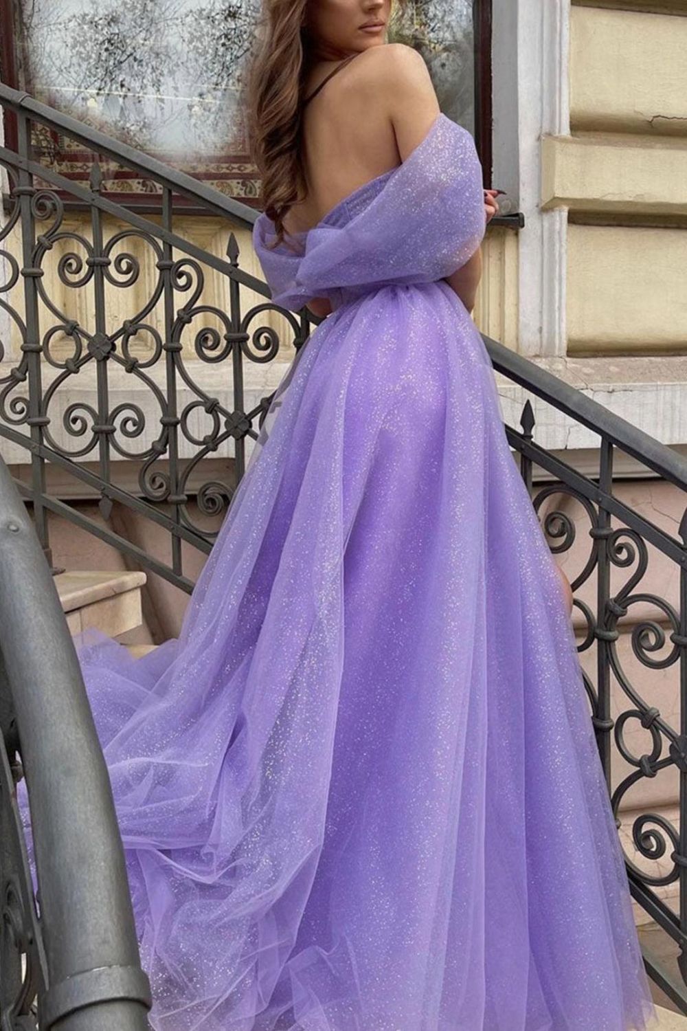 A Line Off the Shoulder Purple Long Prom Dress with Slit