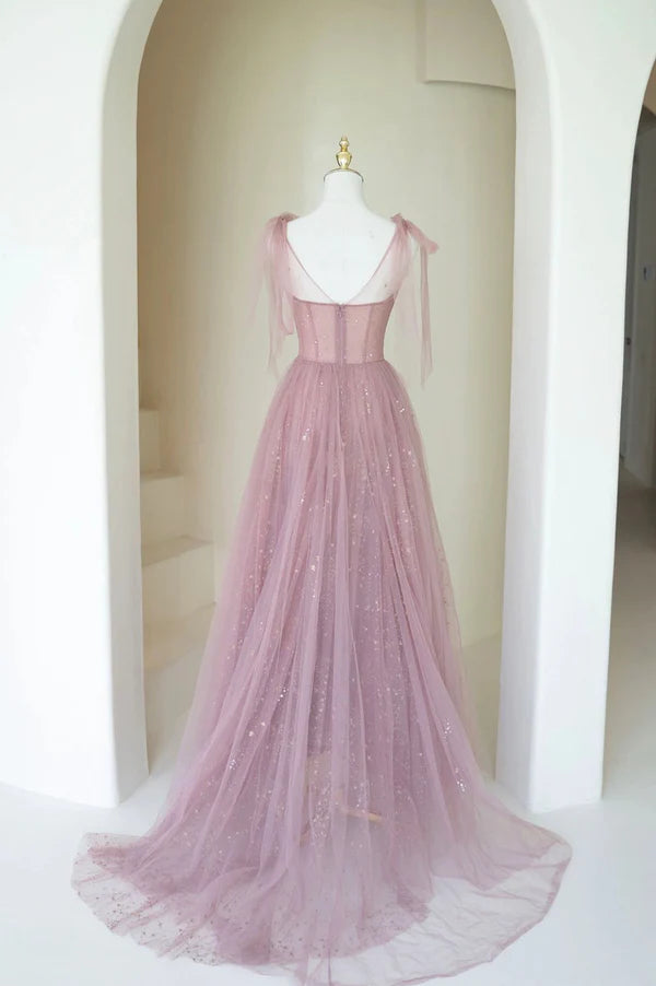 Scoop Neckline Tulle Pink Long Prom Dress Cute A-Line Evening Party Dress