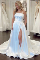 Buyishang Mermaid White Satin Strapless A-Line Wedding Dress with Slit