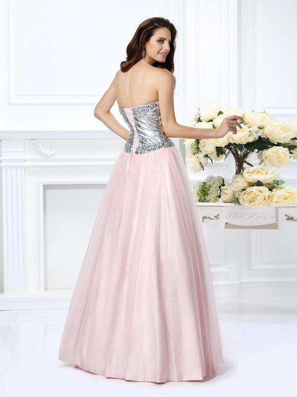 Ball Gown Sweetheart Beading Sleeveless Long Satin Quinceanera Dresses