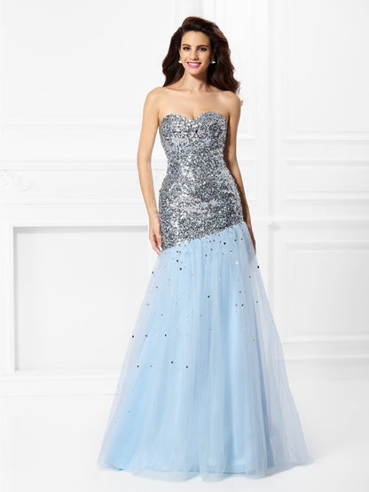 Trumpet/Mermaid Sweetheart Sequin Sleeveless Long Satin Dresses