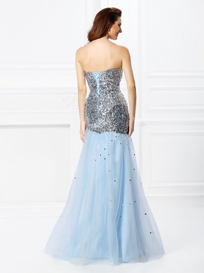 Trumpet/Mermaid Sweetheart Sequin Sleeveless Long Satin Dresses