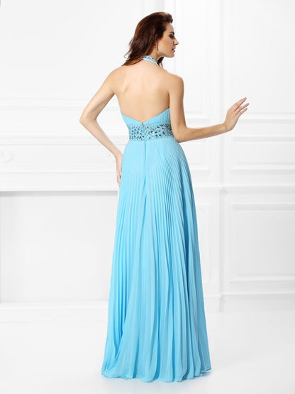 A-Line/Princess Halter Rhinestone Sleeveless Long Chiffon Dresses