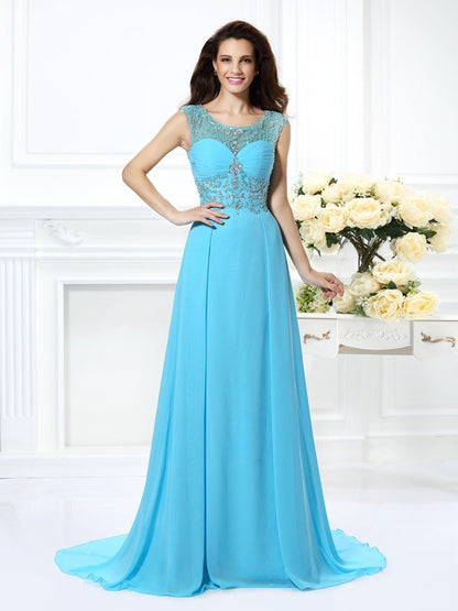 A-Line/Princess Scoop Beading Sleeveless Long Chiffon Dresses