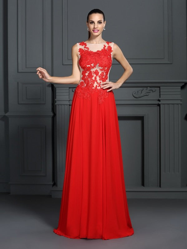 A-Line/Princess Bateau Applique Sleeveless Long Chiffon Dresses