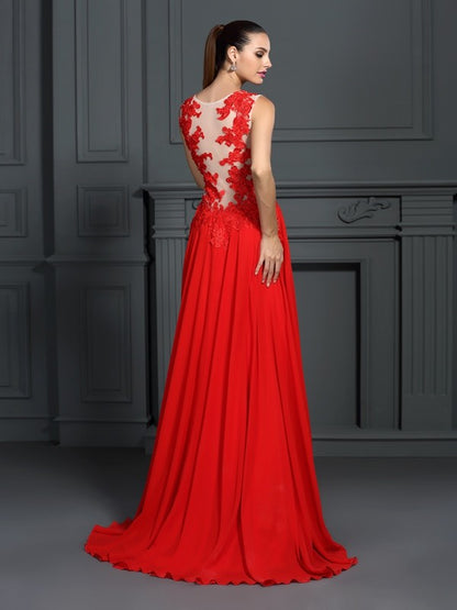 A-Line/Princess Bateau Applique Sleeveless Long Chiffon Dresses