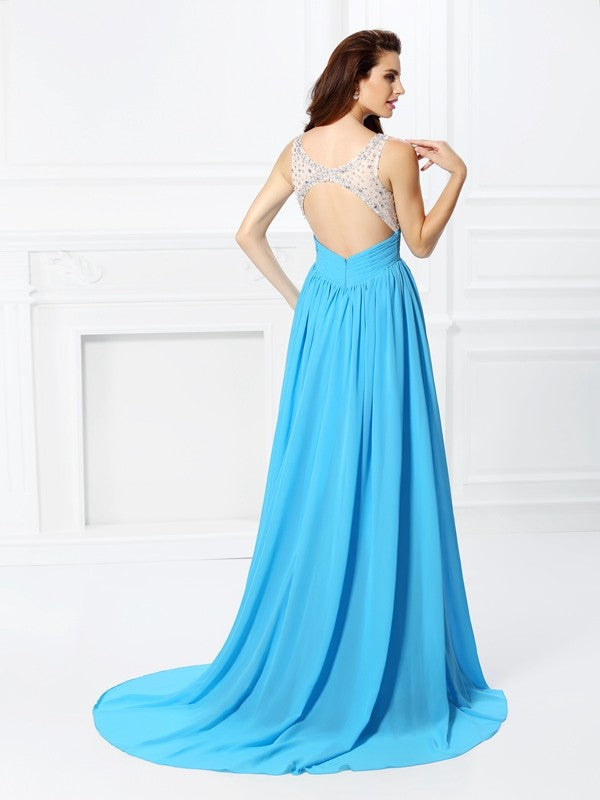 A-Line/Princess Bateau Beading Sleeveless Long Chiffon Dresses