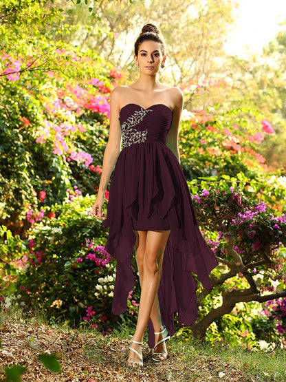 A-Line/Princess Sweetheart Beading Sleeveless High Low Chiffon Bridesmaid Dresses