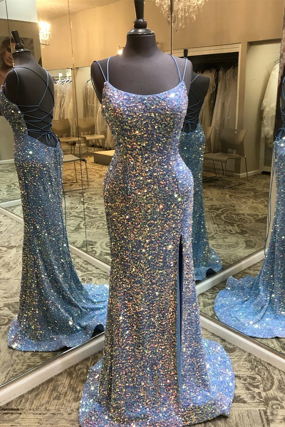 Sparkly Mermaid Spaghetti Straps Blue Sequins Long Prom Dress with Criss Cross Back