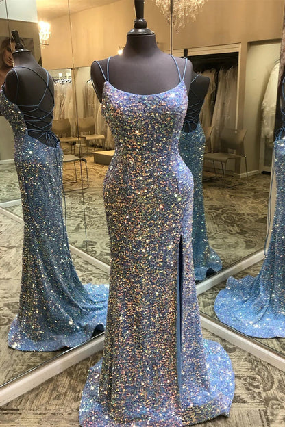 Sparkly Mermaid Spaghetti Straps Blue Sequins Long Prom Dress with Criss Cross Back