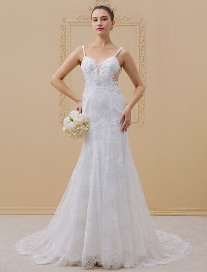 Mermaid / Trumpet Spaghetti Strap Chapel Train Beaded Lace Made-To-Measure Wedding Dresses