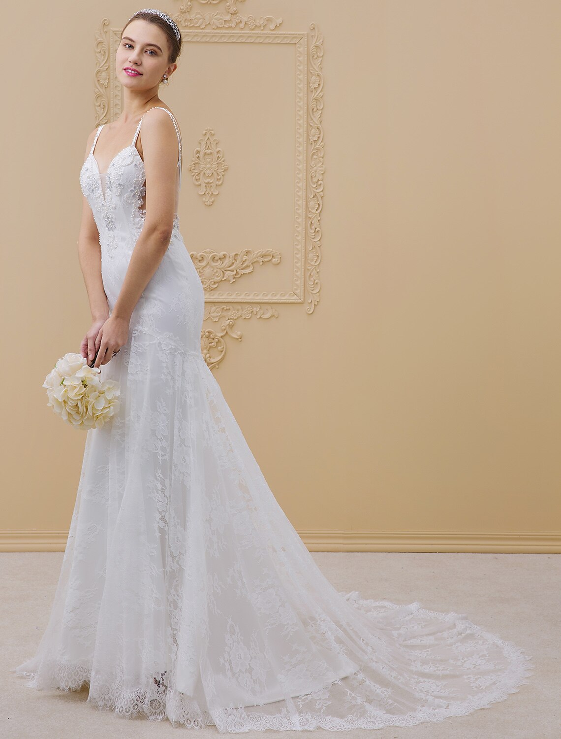 Mermaid / Trumpet Spaghetti Strap Chapel Train Beaded Lace Made-To-Measure Wedding Dresses