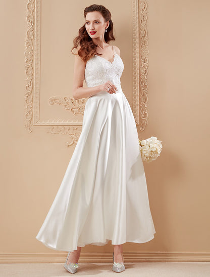 A-Line / Princess Spaghetti Strap Ankle Length Satin / Corded Lace Made-To-Measure Wedding Dresses with Appliques / Sashes