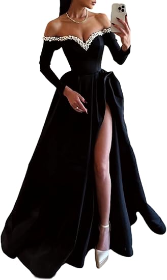 Buyishang A-Line Sexy Evening Dress Formal Prom Dress Sweep/Brush Train Long Sleeve Off Shoulder Satin with Pearls Slit 2024