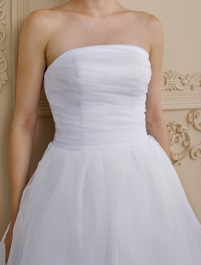 A-Line Strapless Chapel Train Organza Custom Wedding Dresses with Side-Draped Button