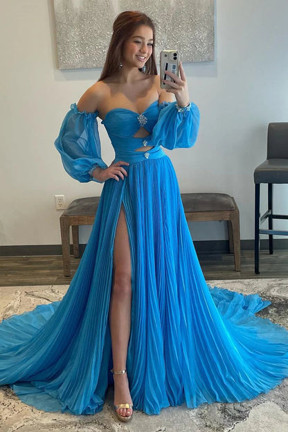 Stylish A Line Sweetheart Blue Long Prom Dress with Keyhole