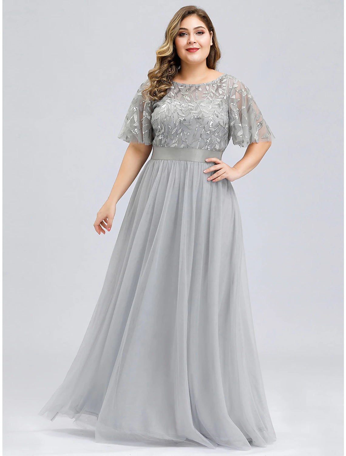 A-Line Prom Dresses Plus Size Dress Wedding Guest Prom Floor Length Short Sleeve