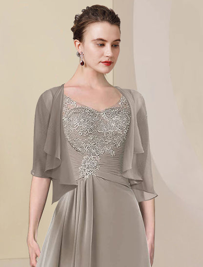 Two Piece A-Line Mother of the Bride Dress Formal Wedding Guest Elegant High Low V Neck Asymmetrical Tea Length Chiffon