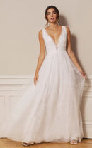 Buyishang Bohemian Lace Tulle Plunging Neckline A Line Floor-length Deep-V Back Wedding Dress