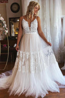 Buyishang Ivory Boho A-Line Long Tulle Wedding Dress with Appliques