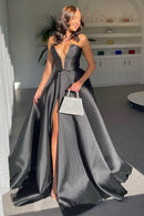 Stylish A Line Deep V Neck Black Long Prom Dress with Split Front