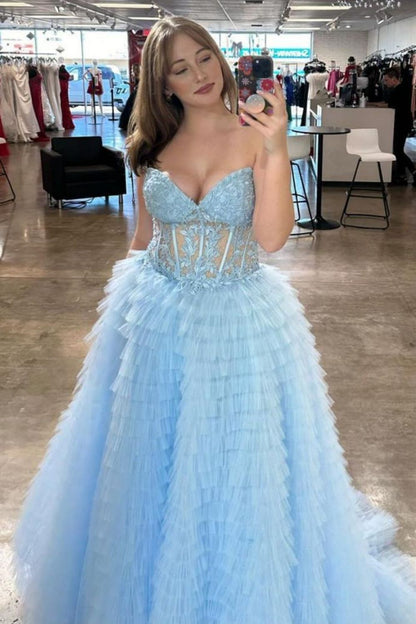 Charming A Line Sweetheart Blue Corset Prom Dress with Appliques