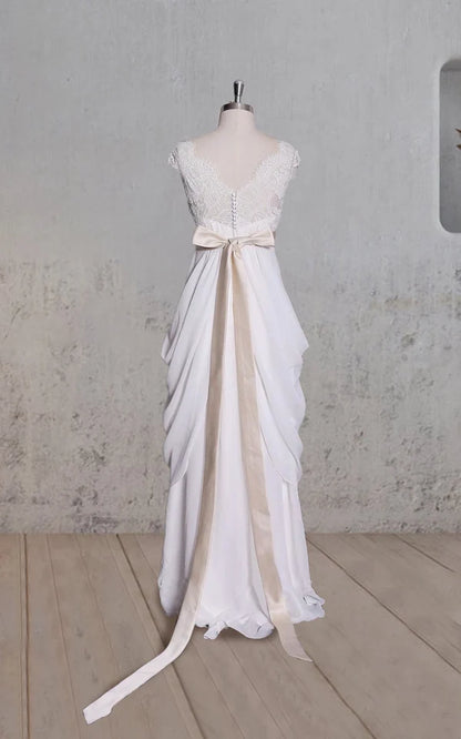 Buyishang Special Design Lace Cap Sleeve Chiffon Skirt With Champagne Sash