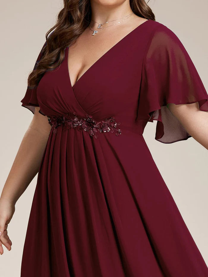 Plus Size Floral Applique Short Sleeve A-Line Chiffon Evening Dress/Prom Dresses