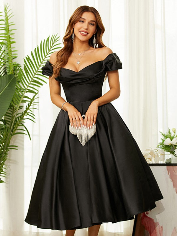 A-Line/Princess Satin Ruched Off-the-Shoulder Sleeveless Tea-Length Dresses/Homecoming dresses