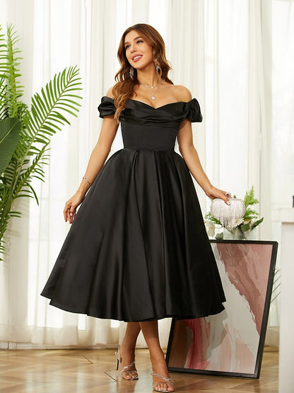 A-Line/Princess Satin Ruched Off-the-Shoulder Sleeveless Tea-Length Dresses/Homecoming dresses